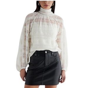 Express  MESH PLEATED MOCK NECK BALLOON SLEEVE TOP